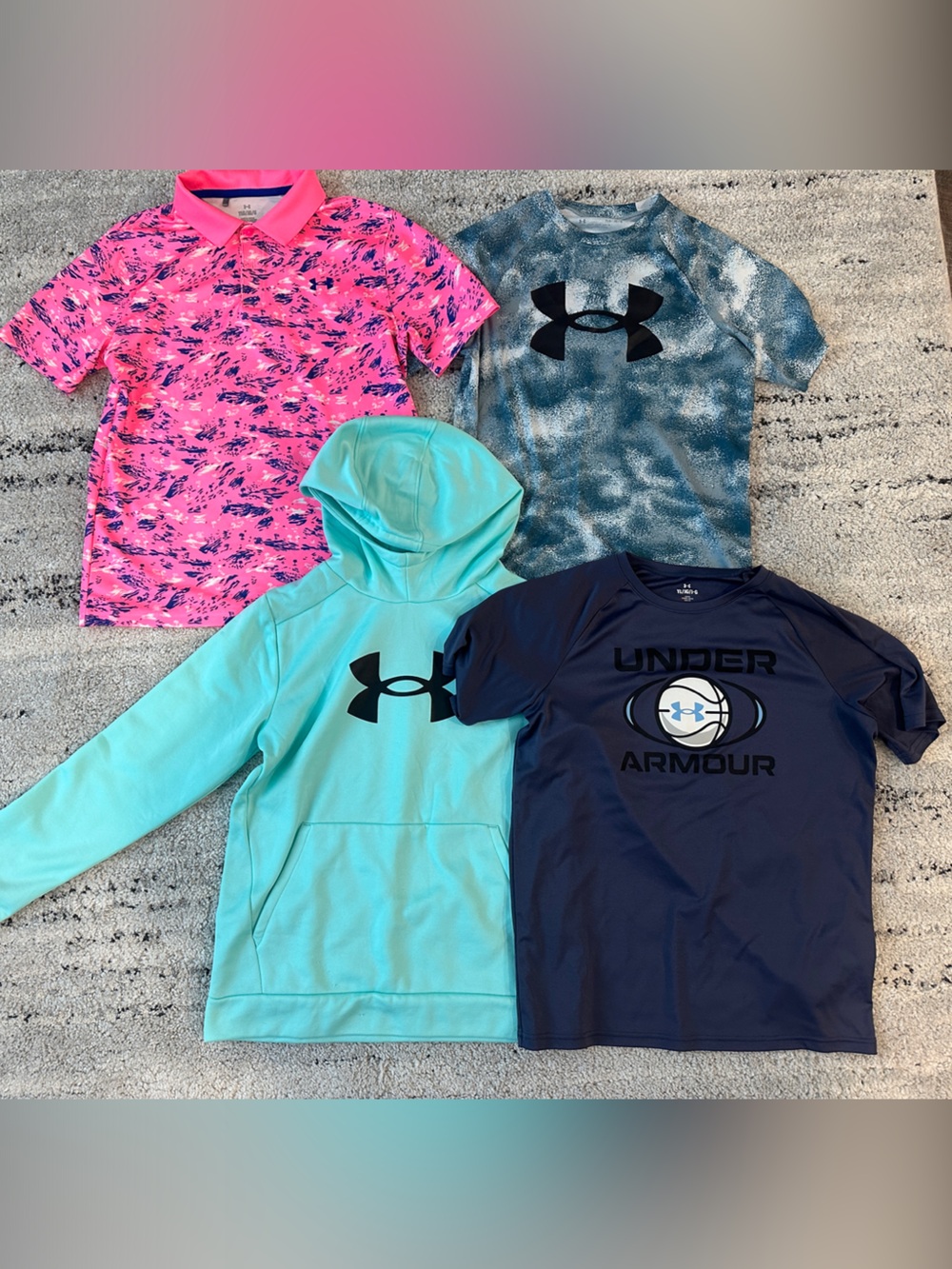 Under Armour Boys' Teal Hoodie, Hot Pink Print Tee, Navy & Blue Tie-Dye Shirts